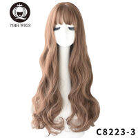 7JHH Popular Brown Ash Long Deep Wave Hair Lolita Wigs With Bangs Synthetic Wig For Women Fashion Thick Curls Wigs For Girl Gift ของขวัญ