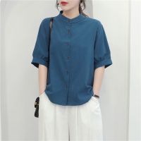 Solid Cotton Linen Shirt Loose Large Womens Round Neck Shirt