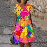 【YF】 2022 summer casual womens painted print A-line dress knee-length V-neck loose new blue red purple