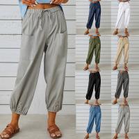 2023 Summer Womens Cotton Linen Cropped Pants Casual Elastic Waist Solid Pockets Long Trousers Loose Pants Female Streetwear