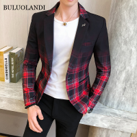 BULUOLANDI เสื้อสูทแฟชั่นสำหรับผู้ชาย,เสื้อแจ็กเก็ตชุดสูทลำลองวัยรุ่นลายสก๊อตไล่ระดับสีสำหรับงานเลี้ยง