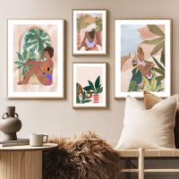 Boho แฟชั่นชุดว่ายน้ำสาวโปสเตอร์และภาพพิมพ์-Tropical Abstract Wall Art-พืชสีเขียวภาพวาดผ้าใบสำหรับตกแต่งห้องนั่งเล่น