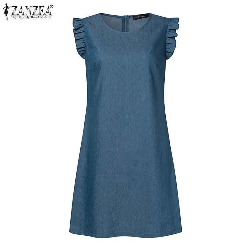 HijabFab ZANZEA wanita kasual Ruffle Sleeve pakaian pendek fesyen o-neck Plain a-line Dresses # 15