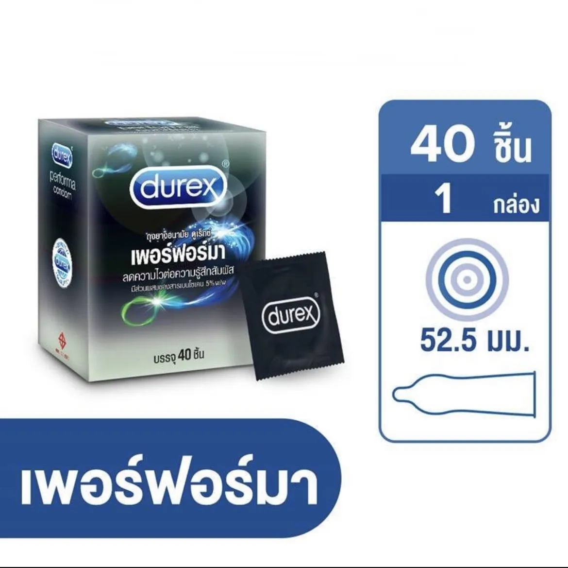 Durex Performa (ดูเร็กซ์ เพอร์ฟอร์มา) ถุงยางมีสารชะลอการหลั่ง ขนาด 52.5 มม.  ลดความไวต่อความรู้สึก 1 กล่อง | Lazada.Co.Th