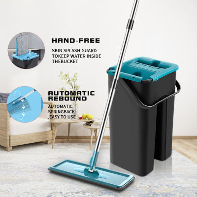 Flat Squeeze Mop With Bucket 360 Rotating Hand Free Washing Floor Cleaning Mop Microfiber Pads Wet Dry Usage Home Kitchen Tools