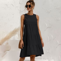 2021 Summer Casual Big Ruffles Midi Dress Women Loose O-Neck Cotton Sleeveless Dresses Ladies Fashion Party Dresses Femme Robe