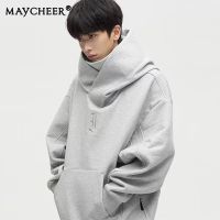 MAYCHEER คอเต่าแบบอเมริกันเสื้อกันหนาวมีฮู้ดการออกแบบแฟชั่นของผู้ชายแจ็คเก็ตทรงหลวมความรู้สึก