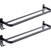 2X 60 cm Wall Mount Black Towel Rack Aluminum Double Rod Towel Bar with Hook for Home Hotel Bathroom Shower Accessories