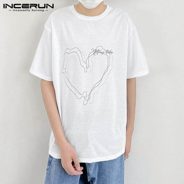 incerun-เสื้อเบลาส์ลำลองสำหรับวันหยุดเสื้อยืดคอกลมหัวใจผู้ชายแขนสั้น