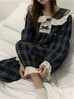 Alien  Chic Plaid Sleepwear Patchwork Lace Geometric Long Sleeves Home Clothes Loose Casual Chic Women Sweet Pajamas