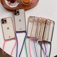 TJJ เคสกันกระแทกสำหรับ iPhone 13 12 Mini 11 14 Pro Max XS XR X 6S 7 8 Plus SE ใหม่สุดหรูเคสนิ่มแบบใสชุบสายคล้องแบบคาดตัว