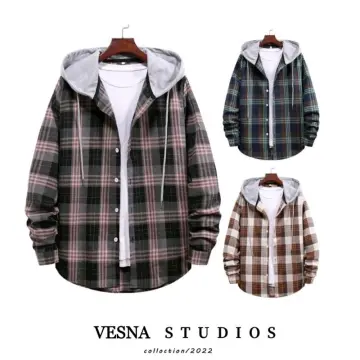 Hoodie Shirt Plaid Drawstring Long Sleeves Loose Flannel Autumn