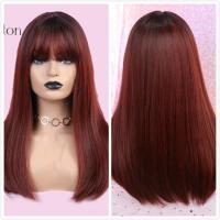 ALAN EATON Long Ombre Brown Blonde Wigs with Bangs Cosplay Synthetic for Black Women Afro Straight Natural Party False Hair Wigs Gift ของขวัญ