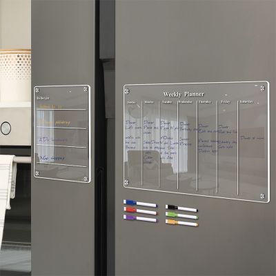 ✲✕ New Magnetic Clear Acrylic Calendar Board Reusable Time Schedule Easy to Erase Fridge Board with 6 Pens for Home Office School