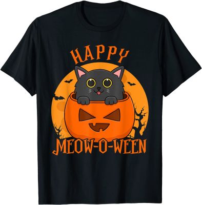 Happy Halloween Meowoween Cute Black Cat Party Costume Gift T-Shirt Company Normal Tops T Shirt Cotton Tshirts for Men Funny