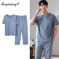 Summer Cotton Men Pajama Sets Short Sleeve Long Pants Casual Loungewear for Boy Luxury Sleepwear V-neck Elegant Mens Clothing