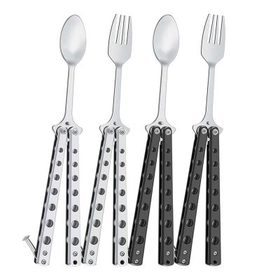 4 Pcs Butterfly Spoon Folding Stainless Steel Forks and Spoons for Travel Hiking BBQ