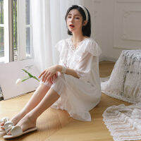 Ao Dai White Court Wind Sleepwear ผ้าฝ้ายกระโปรงนอนผู้หญิงฤดูร้อนแขนสั้นเจ้าหญิงลมผ้าฝ้ายขนาดกลางยาว Sleepwear