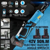 42V Rechargeable Electric Wrench 3/8" Cordless Ratchet Scaffolding 90N.m Right Angle Wrench Tool with 2 Battery Charger Kit 110-240V