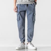 HOT★Spring Autumn Multi-Pockets Cargo Jeans Korean Style Men Lace-up Elastic Waist Denim Jogger Pants Male Baggy Jean Trousers