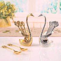 Stainless Steel Creative Dinnerware Set Decorative Swan Base Holder with 6 Spoons for Coffee FruitDessertStirring Mixing