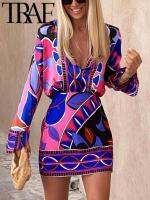 TRAF Suits  Summer Set Women 2 Piece Chic Geometric Print Short Long Sleeve High Low Hem Blouse Shorts Femme Purple Casual