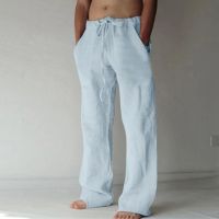 Mens Casual Pants Daily Wear Solid Color Summer Soft Cotton Linen Pants Mid Waist Drawstring Trousers Streetwear Bottoms Lounge