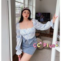 CiCi Plus+(3040)เสื้อครอปแขนยาวคอเหลี่ยม ลายดอกไม้ มีสายผูก ใส่แล้วดูสวยน่ารัก เข้ากับทุกลุค สาวอวบ Plus Size