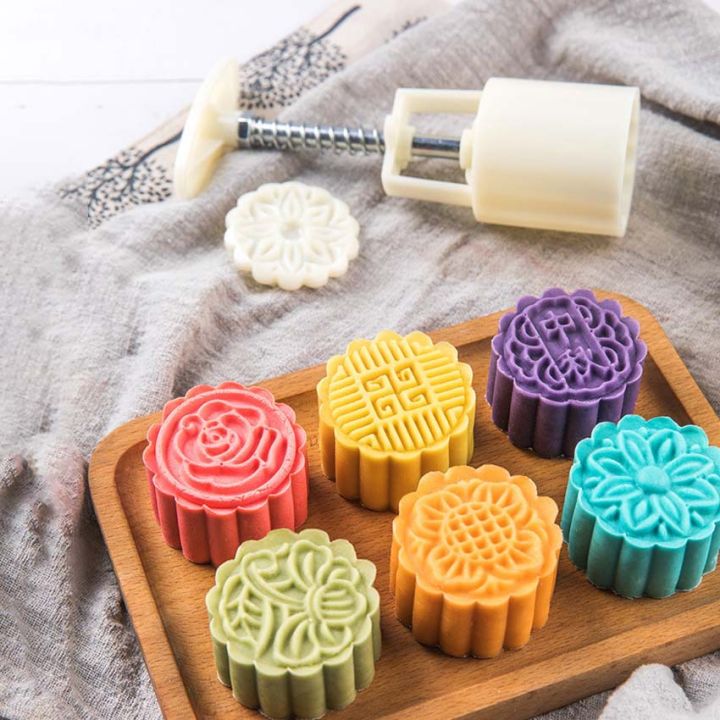 6pcs 3d Flowers Stamps Moon Cake Decor Mould Barrel Round Mooncake Mold