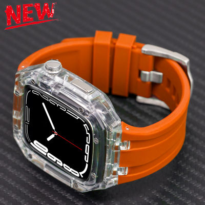 แถบเคสธารน้ำแข็งใสสำหรับนาฬิกา Apple 45มม. 44มม. ชุดดัดแปลงสายยืดกีฬายางสำหรับ I Watch Series 8 7 6 5 4 SE Refit (ไม่รวมนาฬิกา)