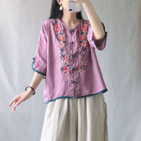 G-gourd womens summer ethnic style retro embroidered cotton and linen shirt 301T0012