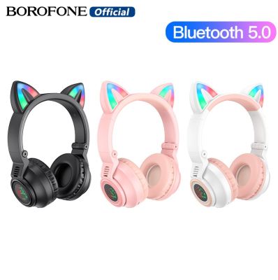BOROFONE BO18หูฟังไร้สายหูแมวน่ารัก BT 5.0หูฟังเล่นเกมกระพริบ LED เพลงบลูทูธชุดหูฟังไร้สายเด็กหูฟังของขวัญสำหรับ Ios และ Android โทรศัพท์รองรับบลูทูธ TF Card (≤ 32G) AUX และโหมดอื่นๆ