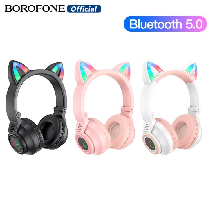 borofone-bo18หูฟังไร้สายหูแมวน่ารัก-bt-5-0หูฟังเล่นเกมกระพริบ-led-เพลงบลูทูธชุดหูฟังไร้สายเด็กหูฟังของขวัญสำหรับ-ios-และ-android-โทรศัพท์รองรับบลูทูธ-tf-card-32g-aux-และโหมดอื่นๆ