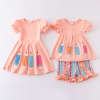 【YF】 Girlymax Back To School Summer Baby Girls Sibling Boutique Clothes Color Stripe Cotton Pencil Embroidery Dress Shorts Set