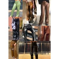 ☾DM❥Women Leather Pants, High Waist Straight Slimming Side Pockets Solid Color Casual Party Fall Pants