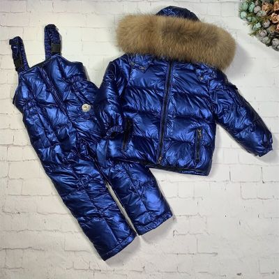 2023 Good Quality Real Fur Winter Jacket for Children White Goose Down Boys Winter Jacket 2pcs Coat+ Pants Child Sets