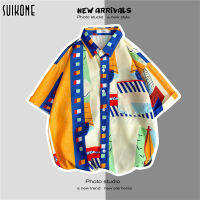 Suikone ฮ่องกงสไตล์เสื้อนอกชายเสื้อหลวม Trend Beach คู่เสื้อแขนสั้นเสื้อ