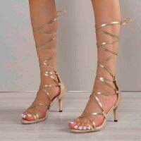 2023 New In Sexy Club Banquet Womens Shoes Stiletto High-heel Ankle Wrap Sandals Gold Lace Up Bandage Sandals Shoes For Women