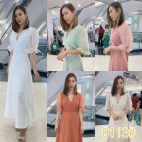 (S-3XL) ชุดราตรี เดรสคอวีสอบ แขนตุ๊กตา แต่งผ้า organza แขนใส่ยางยืด จีบระบายคิ้วท์ๆ เข้ารูปช่วงเอว กระโปรงบานพริ้ว