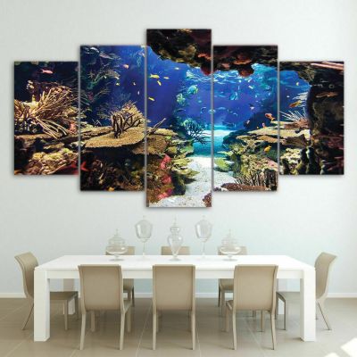 Tropical Undersea Coral Reef Fish Ocean ผ้าใบพิมพ์ Wall Art Decor 5แผง HD Pictures
