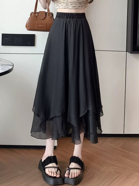 กระโปรงเอว-rok-high-waist-ผ้าชีฟองธรรมดาลำลองสำหรับผู้หญิง