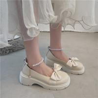 22 and summer new Fren sle y shoes rl h pearl bow rl thick-soled sgle shoes fairy sm leather shoes