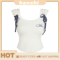 hanshi [2023 new HOT FASHION] lazlook เสื้อกล้ามถักผูกโบว์ลูกไม้สำหรับผู้หญิงเสื้อสายเดี่ยวแขนกุดลายตัวอักษรสำหรับฤดูร้อน