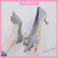 【Ready Stock】 ◕﹉ C40 SWEETC Kasut raya perempuan Raya Heels 2023 kasut tinggi Womens Rhinestone Square Buckle Satin Fashion Pointed Toe Stiletto Professional High Heels Pumps