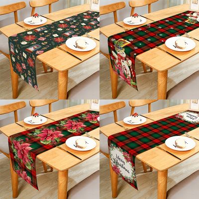 Merry Christmas Ornaments Flowers Red Green Buffalo Checks Table Runner for Home Dining Table Festival Party Decor Multiple Size