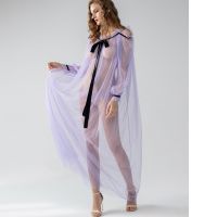 【 WYIN kitchen】 Perspective Nightdress Mesh Transparent Nightie Loose Sexy Long Women 39;s Nightgowns Bowknot Pajamas 2 Pieces Dress For Women 2022