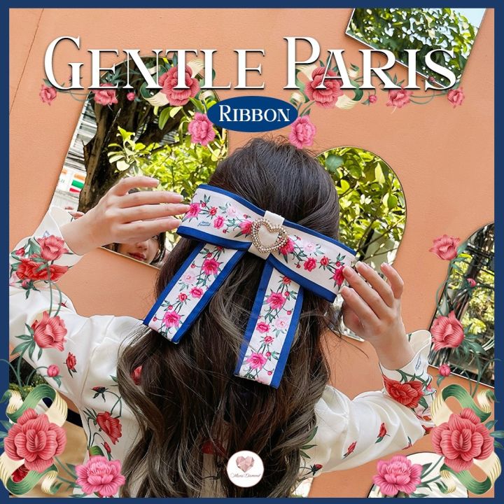 กิ๊ปโบว์-gentle-paris-ribbon-กิ๊ปโบว์พิมพ์ลายดอกกไม้วินเทจ-สีขาว-น้ำเงิน