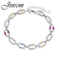 Jinrom 100% S925กำไลเงินสเตอริงคุณภาพสูงเพทายสีฝังมือดีไซน์แบบโซ่แฟชั่นเครื่องประดับผู้หญิงแนวพังก์