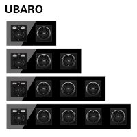 UBARO EU Standard 16A Tempered Crystal Glass Panel Wall Socket Power Outlet Electrical Plug With Usb 5V 2100mA Ac110-250V Black