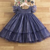 Girls Dress For Kids Sequins Soid Baby Girl Summer Wear Fashion Girls Birthday Party Pirncess Dress Ruffly Sleeve Tulle Vestidos